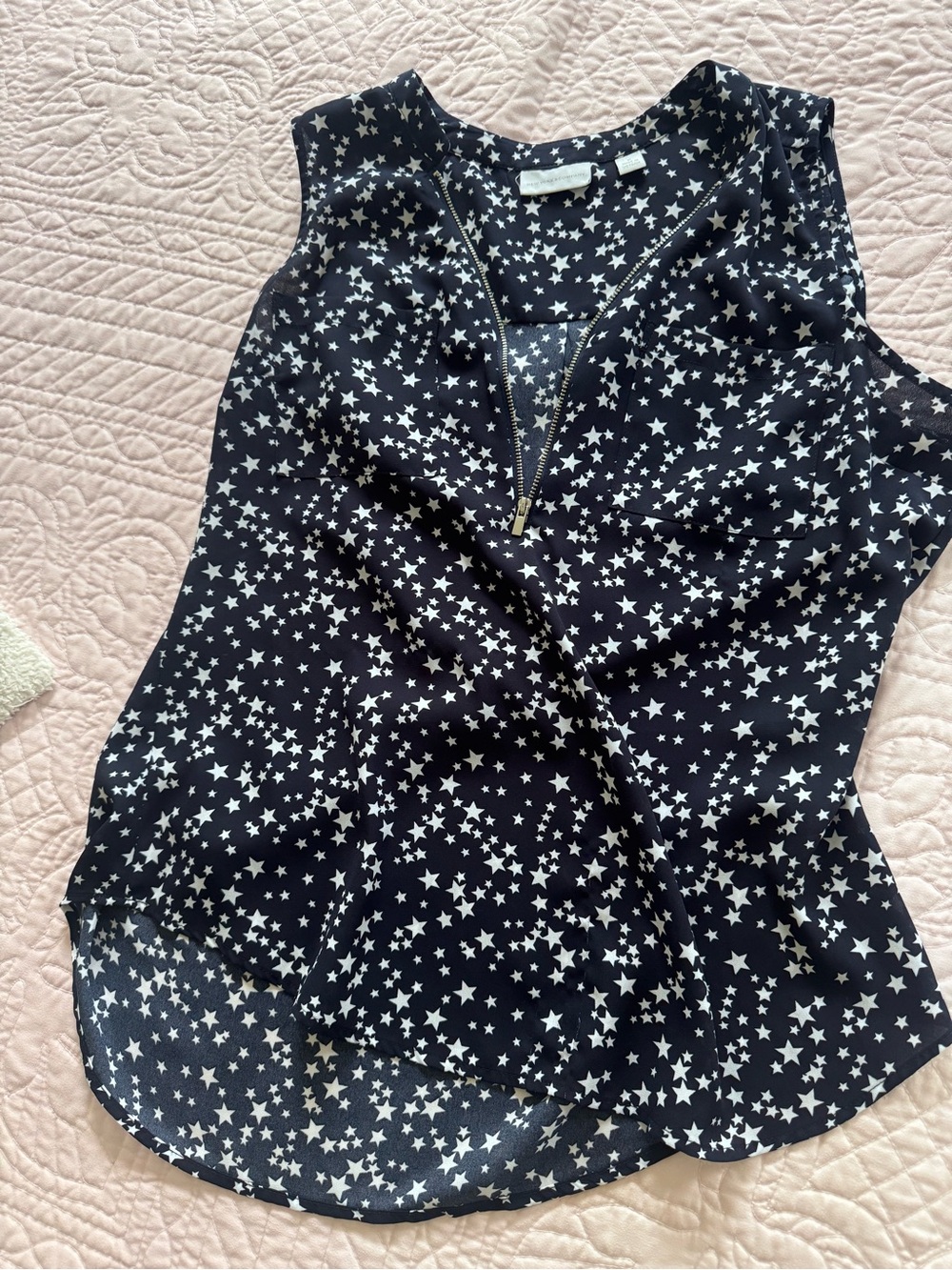 New York & Company Navy and White Star-Print Zip Front Sleeveless Blouse